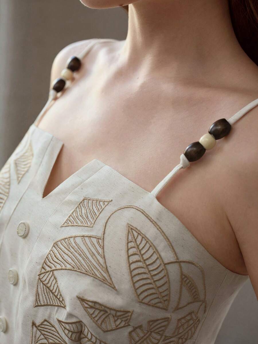 MOTF PREMIUM EMBROIDERY DETAIL ZIP BACK CROP BEADED CAMI TOP - Apricot - View 2