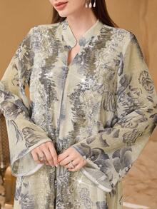 SHEIN Najma 优雅刺绣拼接宽松印花舒适女式连衣裙 - 杏色 - 查看 4