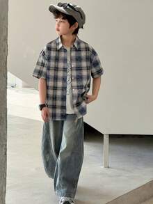 DAZY Tween Boy Rutig Kortärmad Enkelknäppt Avslappnad Lös Skjorta - Blå - Visa 8