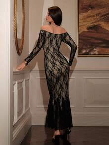 Modelyn Lace One-Shoulder Long Sleeve Flared Design Fashionable Dress For Women - Black - View 2