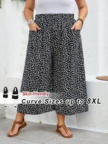 SHEIN CURVE+ 大码曲线尺码 US22 音乐节、海滨度假、波西米亚碎花阔腿休闲裤 - 黑與白 - 查看 10