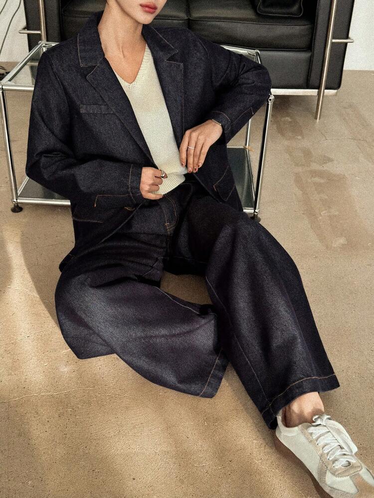 Women's Loose Denim Blazer And Straight Leg Jeans Casual Suit