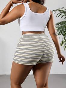 SHEIN PETITE CURVE 大码条纹印花高腰系带修身休闲短裤 夏季度假条纹短裤 女式短裤 夏季女式短裤 夏季短裤 - 彩色 - 查看 2
