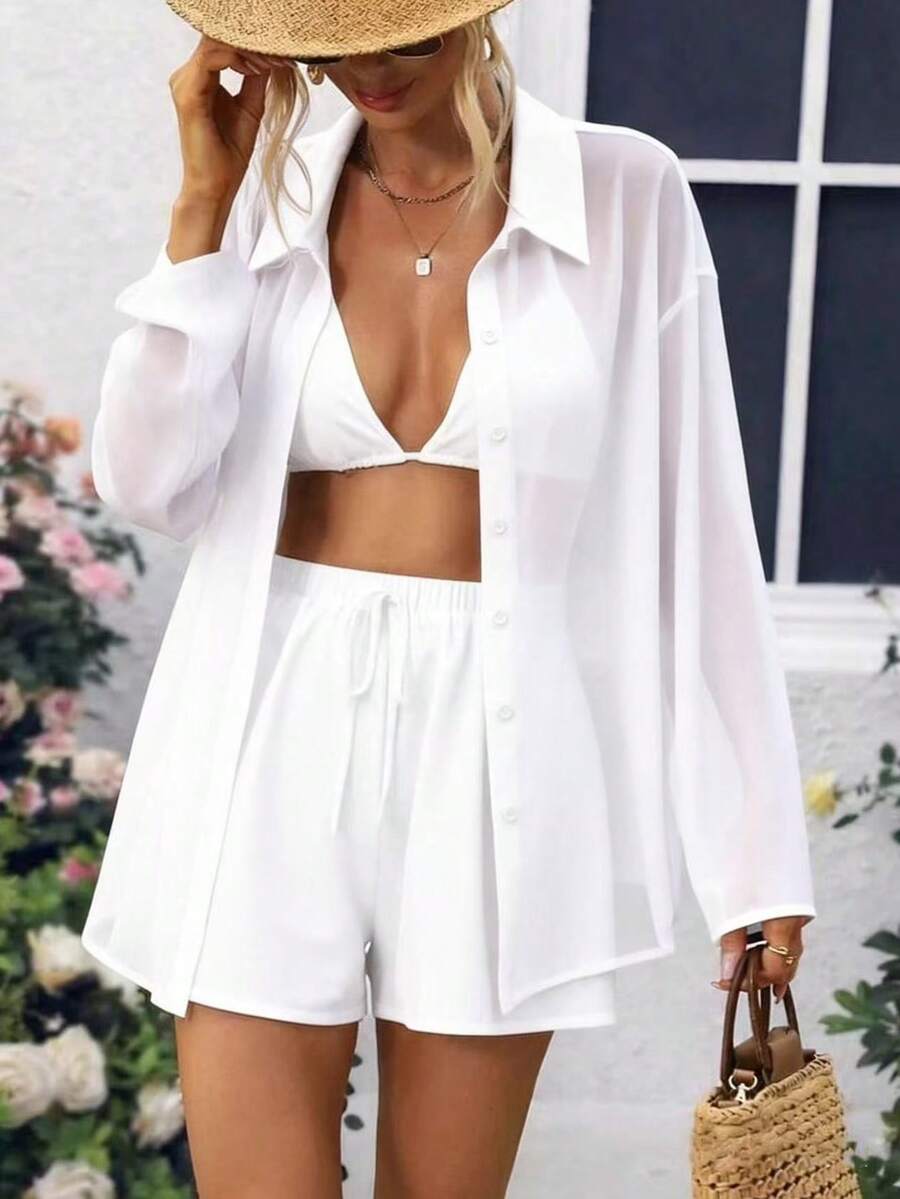 Selianne 3件套女士网纱前开襟长袖套装 - 白色 - 查看 1