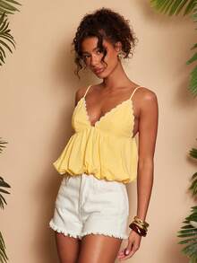 Travachic Embroidered Contrast Trim Casual Versatile Camisole Top For Summer Vacation - Yellow - View 5