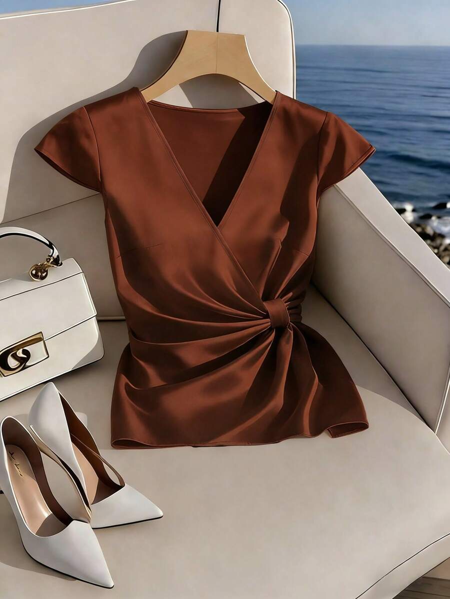 GlowEve New V-Neck Cross Strap Sleeveless Shiny Fabric Elegant Commuter Young Versatile Everyday Fitted Women Blouse - Brown - View 1