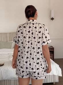 Dream Adore Plus Size Women Striped Heart Print Lapel Short Sleeve Shorts Pajama Set - Multicolor - View 2
