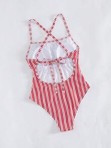 Swim SPRTY 1pc Striped Print Tie-Front Design Sporty Women One-Piece Swimsuit - Red - View 2