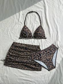少女比基尼套装，三件套，豹纹针织泳衣搭配罩裙，时尚优雅休闲，适合游泳、度假、夏季穿着。少女夏季服装，少女泳装套装，儿童两件式泳衣，儿童泳装套装，儿童游泳服，儿童沙滩装，夏季假期 - 彩色 - 查看 6