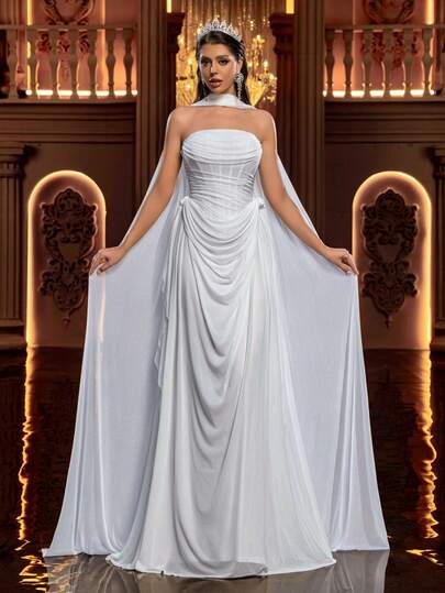 Glamrae Elegant Minimalist Open Shoulder Handmade Pleated Design With Boned Waist Silhouette, Suitable For Various Occasions Such As Wedding Dresses And Formal Gowns