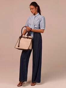 COSMINA 优雅通勤衬衫，可拆卸领带，五袖设计，蓝色条纹衬衫，夏季女士衬衫，办公 - 彩色 - 查看 5