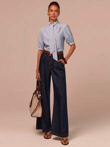 COSMINA 优雅通勤衬衫，可拆卸领带，五袖设计，蓝色条纹衬衫，夏季女士衬衫，办公 - 彩色 - 查看 4