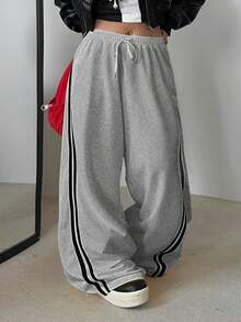 POPSWAY Plus Size Lazy Sports Style Yellow Striped Sweatpants For Women, High Waist Drawstring Loose Wide Leg Pants, Autumn 2025 - Light Grey - View 3