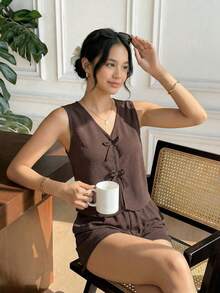 Reset Phase 2pcs/Set Casual Minimalist Fashion Set For Teenage Girls, Includes Solid Color Sleeveless Cardigan With Bow And Solid Color Casual Shorts, Suitable For Daily Wear, Walking, And Staying At Home - Brown - View 10