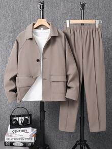 SHEIN 2 piezas Conjunto de traje casual para adolescentes - Chaqueta con cuello y mangas raglán, y pantalones rectos, diseño clásico y minimalista, versátil para el hogar, ir y venir, escuela, uso diario casual, viajes, al aire libre, fiestas, otoño/invierno - Caqui - Ver 2