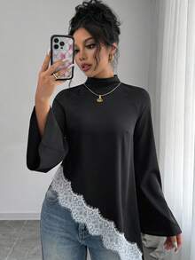 SHEIN Elenzya Standard Size Black Asymmetric Hem Long Sleeve Contrast Lace Blouse - Black - View 3