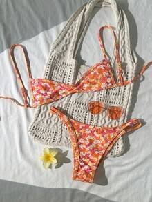 Swim Mod 夏季新款欧美甜美碎花撞色格纹双面两件式泳衣套装，配有抽绳，性感高衩比基尼下装，碎花撞色滚边带衬垫比基尼上装，适合海滩、泳池、生日派对等场合。 - 彩色 - 查看 3