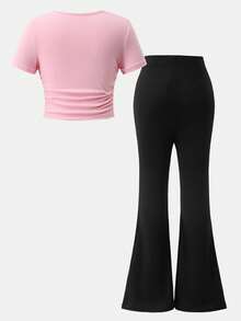 2pcs/Set Young Girl Cute Bow Decor Pink T-Shirt And Black Flared Pants Set Young Girl Outfit Sets Young Girl Outfits Sets Pants Tween Girls Clothing Bow Outfit Kid Girl Clothes Set Children Fashion Girlset Suitable For Daily Wear, Spring & Summer Outfits Suitable For Summer, Street Style, Casual Campus Sports, Outdoor Picnic, Street Photography, Home Girls Flared Pants Sets Young Girls Outfit Sets Girls 2 Piece Trouser Set - Pink - View 5