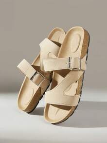 Solecia Women Shoes Summer Single Buckle With Apricot Round Head Thick Bottom, Personalized Suede Brown And Black Slippers Daily Out Of The Street - Apricot - View 5