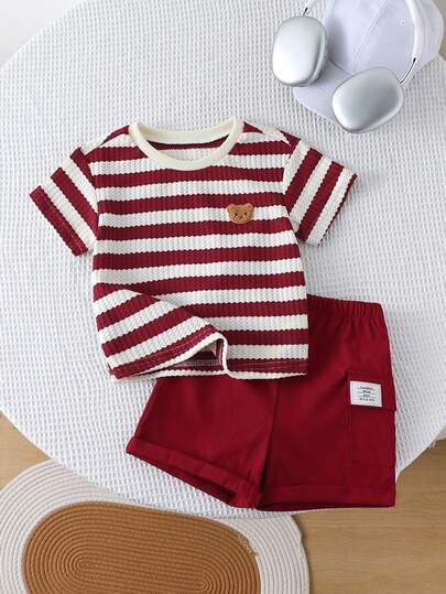 SHEIN 2pcs/Set Unisex Baby Boy/Girl Casual Cute Red Striped Short Sleeve T-Shirt And Shorts Set, Spring/Summer Baby Clothes, Outfits, Streetwear