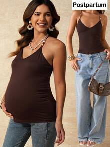 Boho Mama 孕妇夏季时尚修身串珠吊带背心 - 咖啡棕 - 查看 1