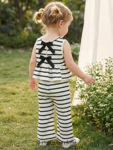 Cozy Pixies 2件套女婴撞色蝴蝶结圆领无袖上衣和松紧腰裤套装 - 彩色 - 查看 2