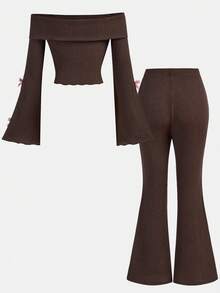 SHEIN Girls' Elegant Color Block Bow Decor Textured Fabric Pink Bow Accent Off-Shoulder Flare Sleeve Long Sleeve T-Shirt And Brown Flare Pants 2-Piece Set - Brown - View 4