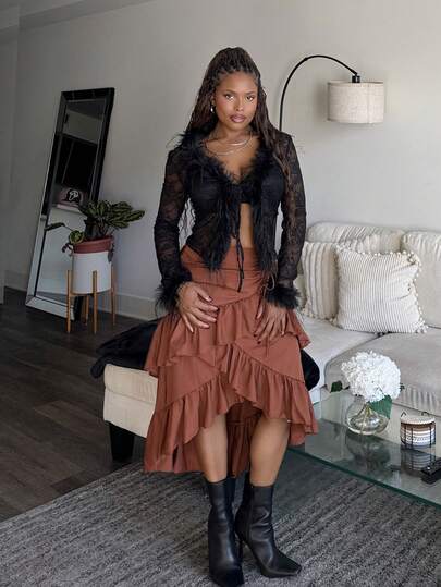 Tyla Gomez Women's Sexy Lace Sheer With Fluffy Patchwork Tie Waist Women Top Y2K Outfit  Fall Cloth For Women