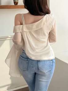 Feyla Women's Solid Color Mesh Patchwork Asymmetric Collar Elegant Long Sleeve Blouse - Apricot - View 6