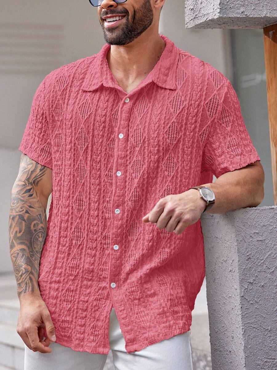 EASEVO Plus Size Knit Casual Short Sleeve Shirt - Red - View 1
