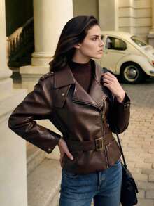 Anewsta Women's Solid Color PU Leather Long Sleeve Zipper Front Short Jacket - Brown - View 5