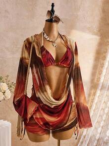 Bellisia 26SS 春夏度假海滩高端性感波西米亚风高领长袖四件套泳衣套装 2026 新款女士泳装到货，适合上学、度假、约会、下午茶、西式、邮轮、海滩、海岛、公路旅行、四季皆宜、音乐节、波西米亚风度假、凉爽秋季、西部波西米亚风、优雅女士上衣 - 彩色 - 查看 8