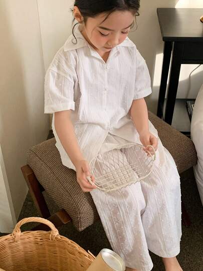 DAZY 女童纯色纽扣短袖上衣和长裤睡衣套装