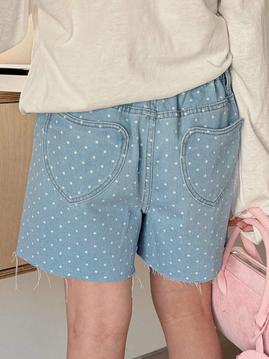 DAZY Tween Girls Polka Dot Casual Denim Shorts - Blue - View 1