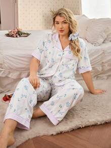 CottageSlumber Romantic Floral & Bow Print Lapel Button Front Comfortable Woven Plus Size Pajama Set - Multicolor - View 4