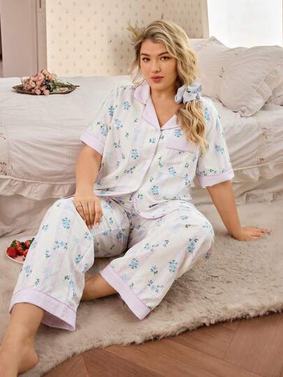 Romantic Floral & Bow Print Lapel Button Front Comfortable Woven Plus Size Pajama Set