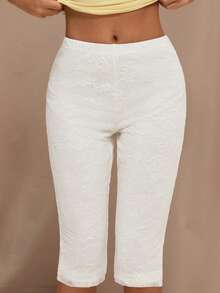SHEIN BAE Women's Casual Lace Trim Cropped Skinny Pants, Suitable For Vacation, Daily Commute - White - View 5