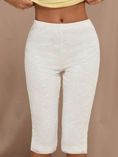 SHEIN BAE Women's Casual Lace Trim Cropped Skinny Pants, Suitable For Vacation, Daily Commute