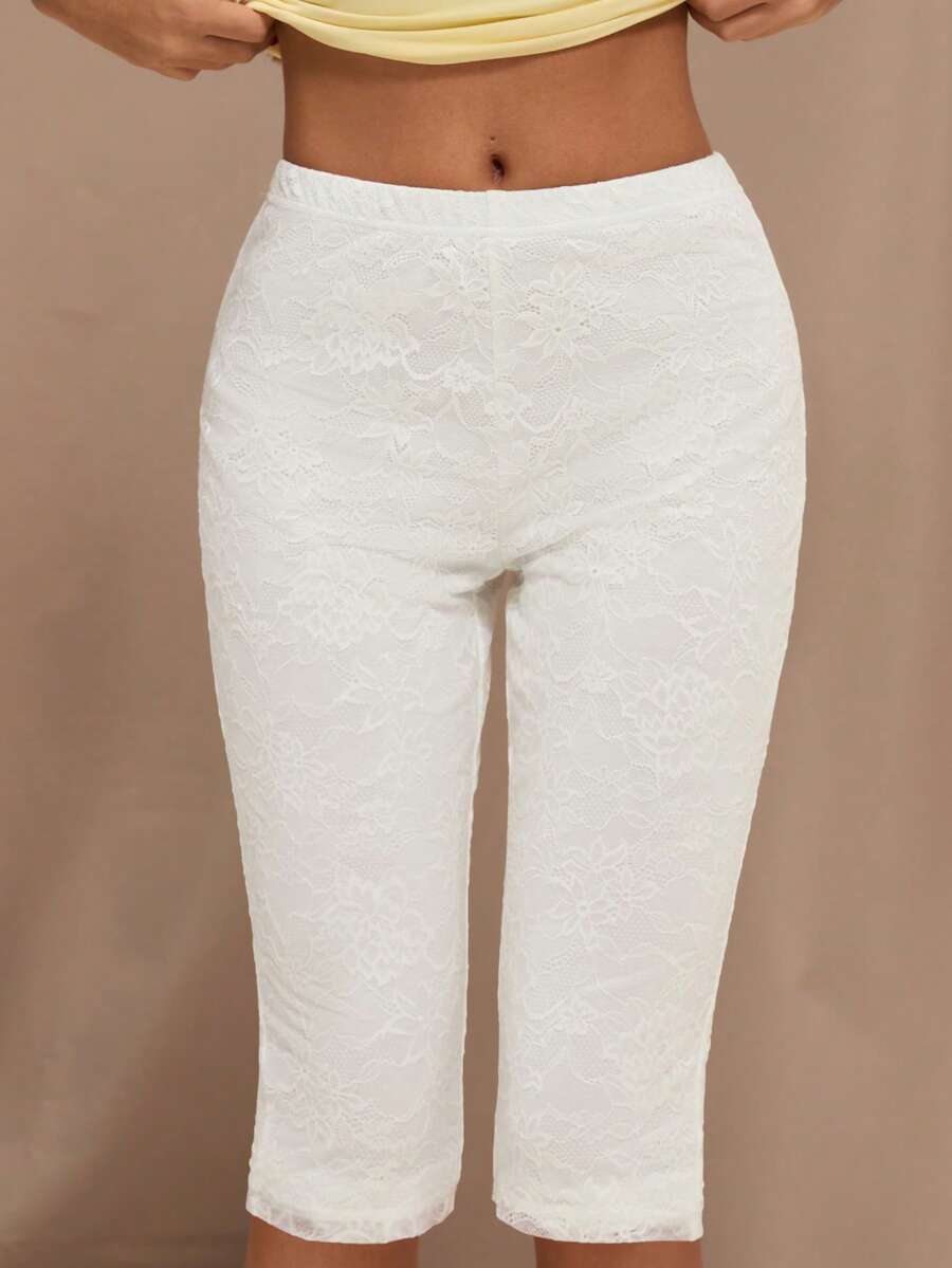 SHEIN BAE Women's Casual Lace Trim Cropped Skinny Pants, Suitable For Vacation, Daily Commute - White - View 1