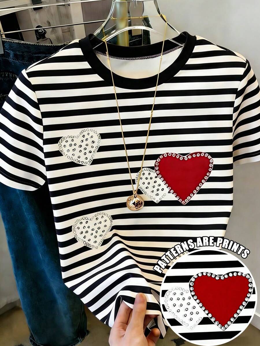 Resyla Women's Casual Fashion Faux Pearl & Rhinestone Heart Print Short Sleeve Round Neck T-Shirt - Black - View 1