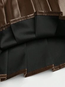 SHEIN Sweetro 大码女式PU皮A字褶皱迷你裙，学院风 - 棕色 - 查看 8