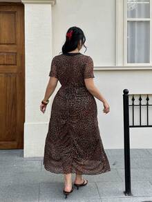 Solflare Plus Size Leopard Print Mesh & Contrast Lace V-Neck Dress Flowy Dress Milkmaid Dress - Multicolor - View 5