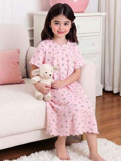 Tween Girl Casual Crew Neck Short Sleeve Ditsy Floral Midi Dress Floral Print Sleep Dress Kids Girl Pink Pajamas Girls Nightgown Girls Pajama Dress Sleep Wear Kids Girls