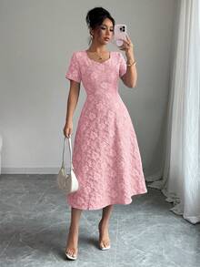 Elenzga Blue 3D Embossed Fabric Square Neck Women Short Sleeve A-Line Dress - Pink - View 1