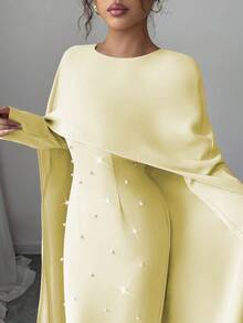 Elenzga Đầm maxi dự tiệc nữ mùa thu/đông, cổ tròn, tay dài, dáng xòe, đính ngọc trai, đính eo, thanh lịch và đa năng. - Vàng nhạt - Xem 7