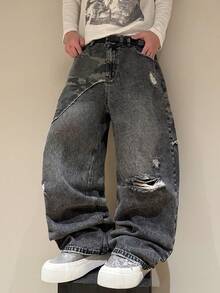 Manfinity EMRG 男士口袋拼接做旧设计休闲宽松直筒牛仔裤 - 灰色 - 查看 3