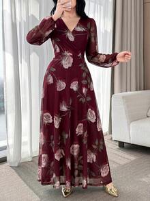 Feyla New Rose Flower Elegant Charming Elegant High-End Cinched Waist Dress For Women - Burgundy - View 2