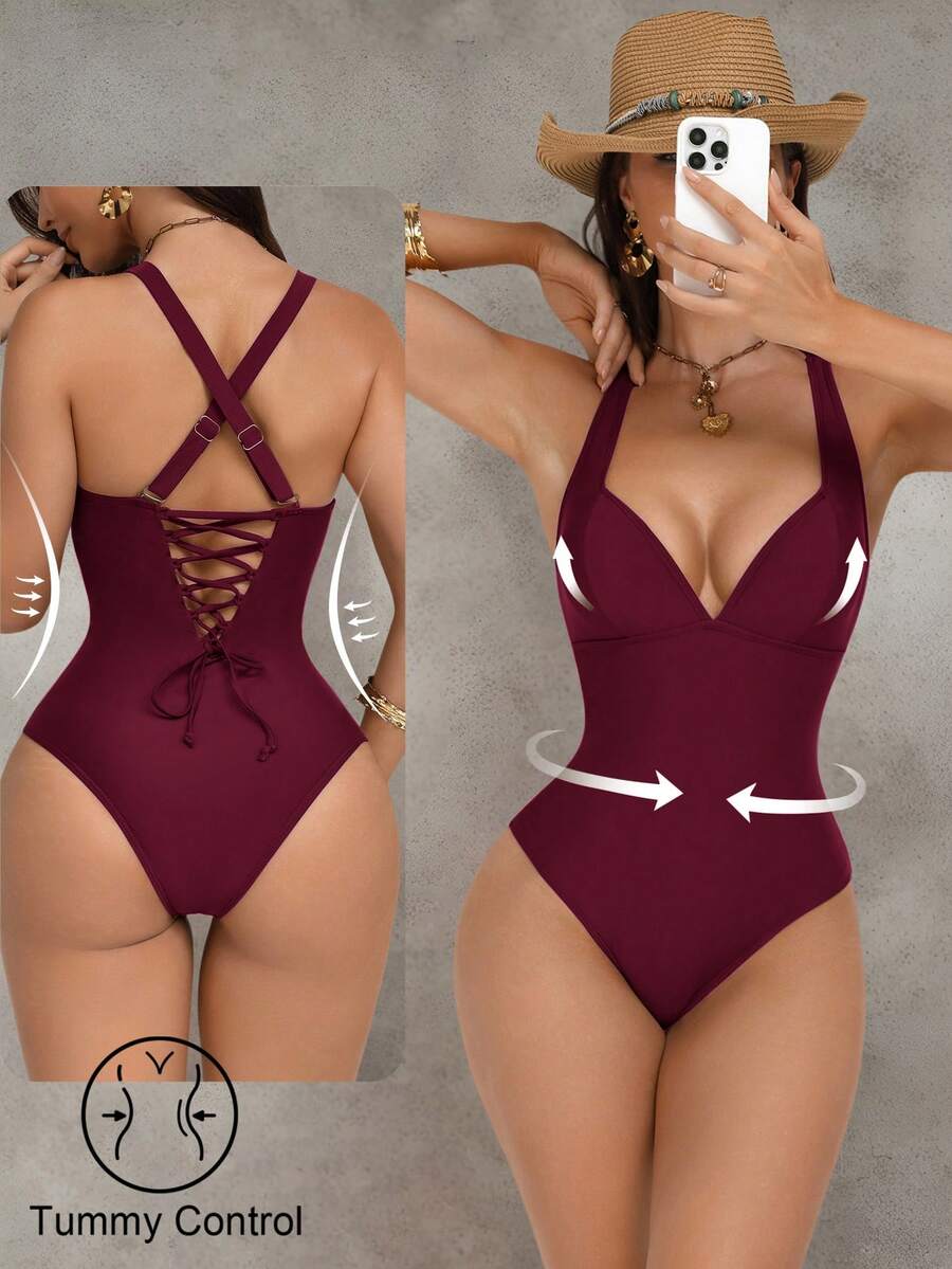 Shapewave 女士棕色拼接聚拢收腹连体泳衣，后背交叉系带设计，优雅性感，适合派对和泳池穿着 - 酒紅色 - 查看 1