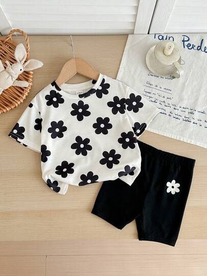 SHEIN 新生女宝宝可爱夏季休闲针织碎花短袖T恤和短裤套装