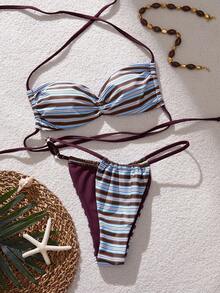 Swim Mod Conjunto de bikini de 2 piezas con estampado de rayas, escote halter y espalda descubierta, sexy, para mujer, Primavera/Verano 2026 - Multicolor - Ver 1